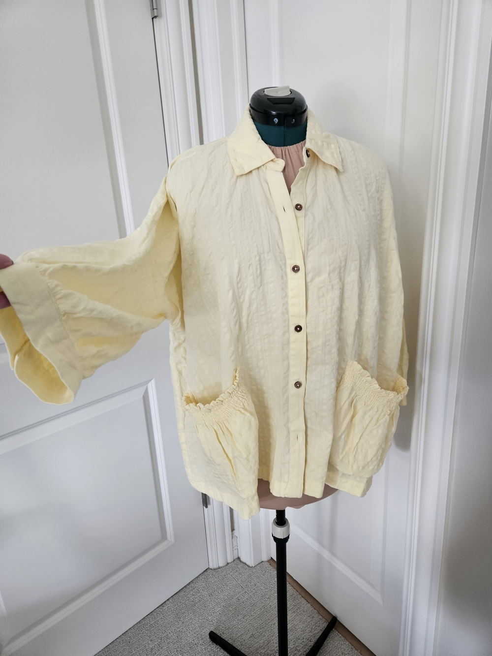 Butter Yellow Cotton Button-Up Shirt/jacket with Patch Pockets